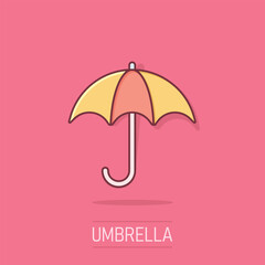 Umbrella icon in comic style. Parasol vector cartoon illustration on isolated background. Umbel business concept splash effect. - obrazy, fototapety, plakaty