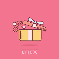 Gift box icon in comic style. Magic case vector cartoon illustration on isolated background. Present business concept splash effect.