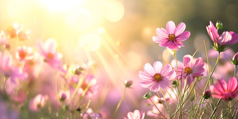 spring flowers in the garden | Soft and blur cosmos flowers with sunlight for background. | Field pink cosmos flower with vintage toned.