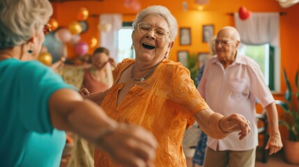 Smiley seniors dancing and having fun celebrating birthday in nursing home, elderly people enjoying a lively social activity gathering