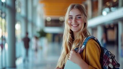Smiling cute pretty blond girl, positive female teenage high school student holding backpack looking at camera standing in modern university - Powered by Adobe