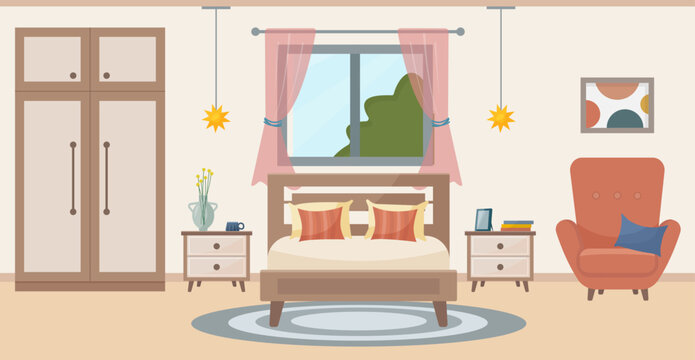 Cozy bedroom. Bedroom interior: bed, soft chair, carpet, potted plants, wardrobe, window overlooking the summer. Interior concept. Vector flat illustration.