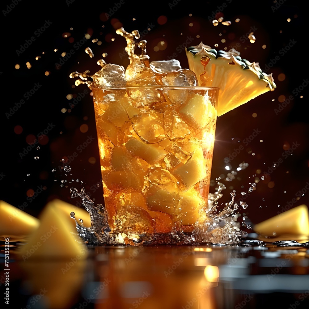Poster refreshing iced tea splashing in a glass with lemon wedges. vibrant beverage with a dynamic splash. 