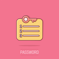 Password account icon in comic style. Keyword cartoon vector illustration on isolated background. Key combination splash effect business concept.