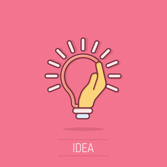 Fototapeta premium Lightbulb in hand icon in comic style. Bulb cartoon vector illustration on isolated background. Lamp splash effect business concept.