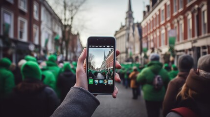 Taking a photo of the celebration, Saint Patrick's day parade in city center, hand holding a phone, blurred background