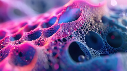 The surface of the skin under the zoomed microscope. Molecules and skin cells, molecular grid in close-up. 3d render illustration - obrazy, fototapety, plakaty