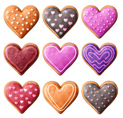 Set of Heart Love shape cookies colourful #04 cutout on transparent background. Valentine's day-wedding. advertisement. product presentation. banner, poster, card, t shirt, sticker.