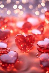 Valentines day background. Red hearts on bokeh background.