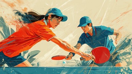 Drawn illustration. Table tennis battle man vs woman. female and male sportsmen playing ping pong in motion.