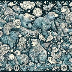 Bear Doodle art pattern with various objects	