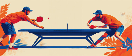Drawn illustration. Table tennis battle of two men. Male sportsmen playing ping pong in motion. Championship 2024