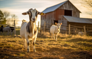 Fototapeta premium Curious goat looking at camera in golden hour farm setting