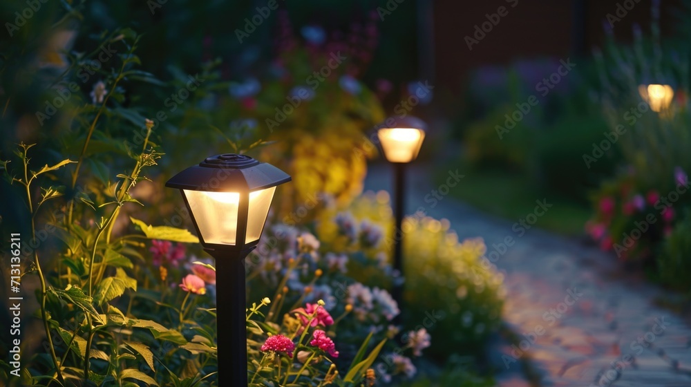 Poster a beautiful garden illuminated by lights with vibrant flowers in the background. ideal for adding a 