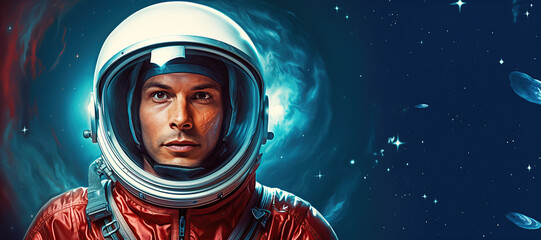 Astronaut's portrait with a swirling nebula reflects humanity's curiosity about the cosmos and the spirit of exploration. Banner - obrazy, fototapety, plakaty