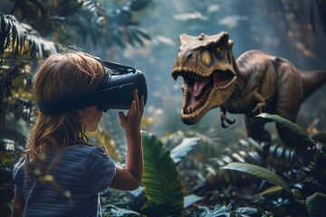 Child in Virtual Reality Adventure with Dinosaur Encounter
