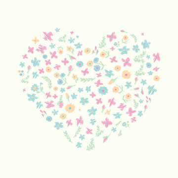Heart shape hand drawn scribble floral clip art on isolated background