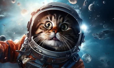 Photo sur Plexiglas UFO Cat wearing astronaut suit full equipment flying on galaxy AI Image Generative