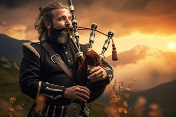 senior scotttish man dressed in traditional national costume playing music on  bagpipes. Musician in Scotland playing in nature at sunset.  - obrazy, fototapety, plakaty