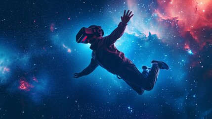 Kid flying in a cosmic environment with VR headset