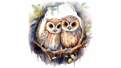 watercolor pair of loving owls in a tree hollow, white background