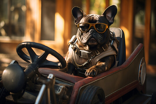 French Bulldog with glasses on a Retro Car. High quality photo/  Copy space