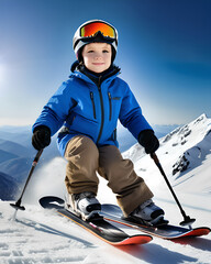 Mały chłopiec jeżdżący na nartach - obrazy, fototapety, plakaty