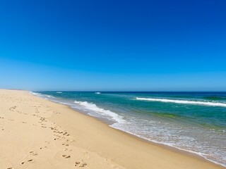 Fototapeta na wymiar Blue seascape background, clear blue sky and blue sea horizon, sandy coastline