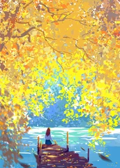Fotobehang a girl sitting  in the park in autumn under tree and lake original art © Diganime