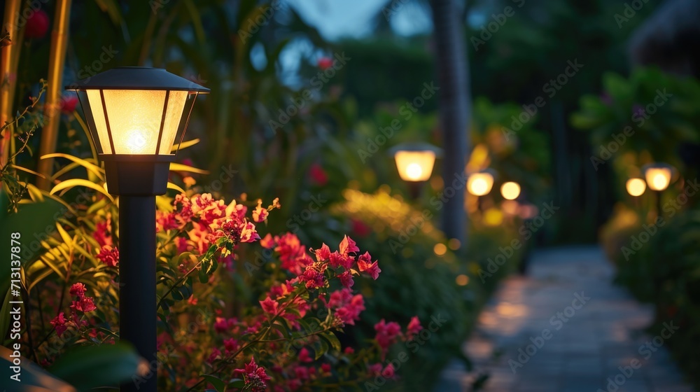 Poster A pathway adorned with an abundance of colorful flowers, bordered by a charming lamp post. Ideal for adding a touch of beauty and serenity to any project or design