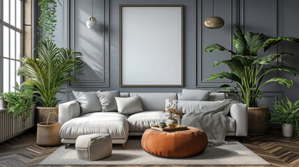 
Salon moderne : murs briques, grandes fenêtres, canapé blanc, tapis, plantes vertes. Ambiance invitante, design industriel.