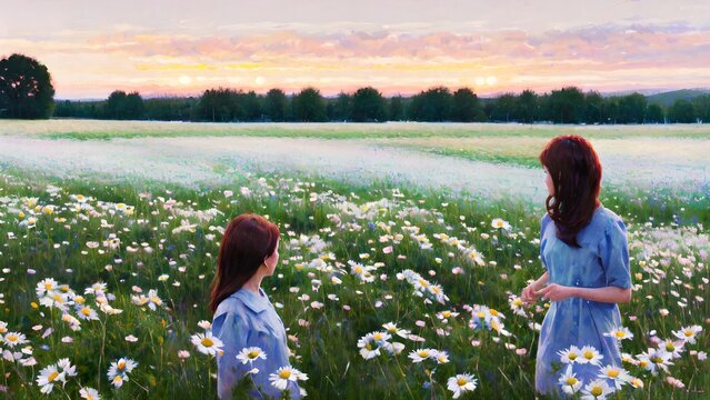 Frame Art, TV Art, sisters looking far away, two woman looking far away, wild flower field, flower meadow, vintage oil painting, printable digital art
