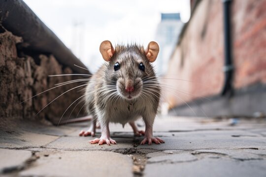 little rat in grey street close up