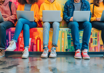 group of people, Group of Students Sitting and Working on Laptops - Minimalistic and Colorful Environment Fostering Collaboration and Productivity	