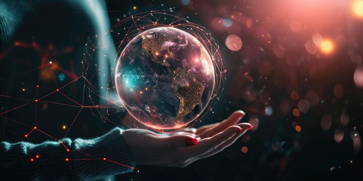 A person is depicted holding a glowing globe in their hands. This image can be used to symbolize global connectivity, environmental awareness, or the concept of unity