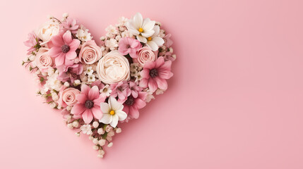 Beautiful bouquet of flowers in heart shape on pink background. Valentine's day, mother's day, women's Day background with space for text. Generate AI