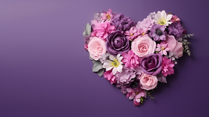 Beautiful bouquet of flowers in heart shape on purple background. Valentine's day, mother's day, women's Day background with space for text. Generate AI