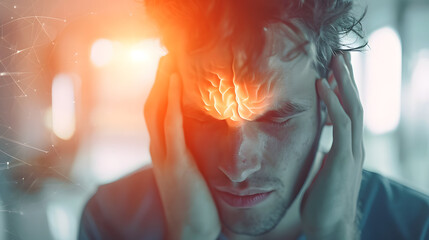 Young man with headache at home with highlighted brain, stressed depression migraine concept