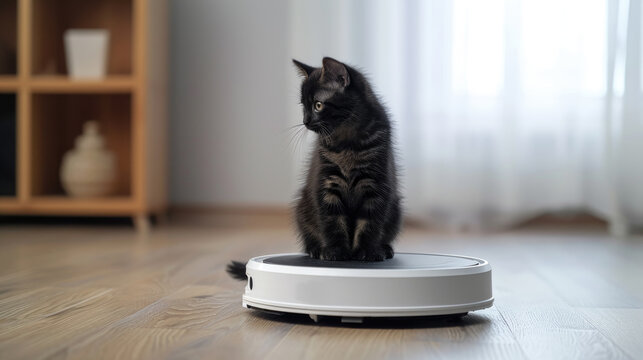 The kitten is riding a robot machine.