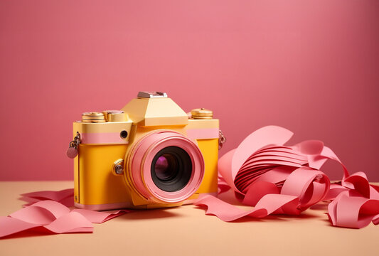 Paper cut image of a camera with vibrant colors