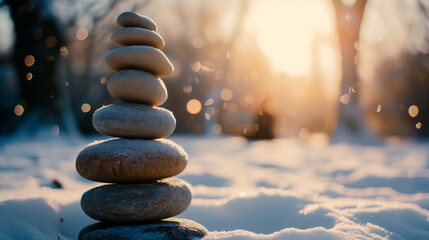 Zen stones in snow, winter meditation scene, perfect for peaceful banners.
