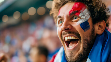 Ecstatic French soccer fan with facepaint cheering in stadium.	