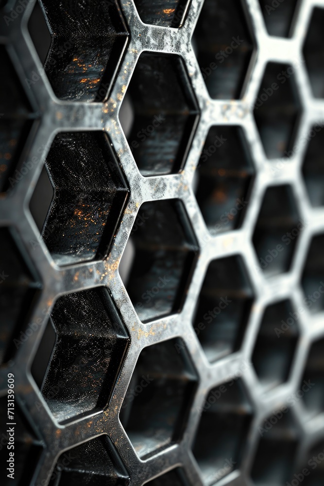 Poster A detailed view of a metal grill featuring hexagonal shapes. This image can be used to depict industrial design, modern architecture, or abstract patterns.