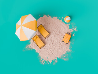 top view of a beach holiday scene with wooden sun loungers, a white and yellow umbrella, a travel suitcase, and a beach ball on a sand island.