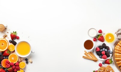 Healthy breakfast concept with fresh pancakes, berries, fruit on white backgroudt. Free space for your text.