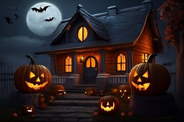 Halloween night. and pumpkin faces near a small cottage, and full moon, October month Halloween celebration.