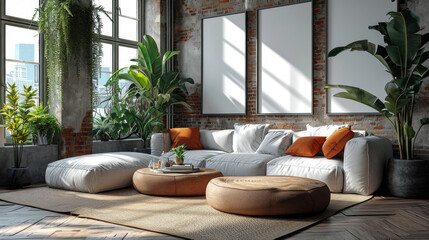 
Salon moderne : murs briques, grandes fenêtres, canapé blanc, tapis, plantes vertes. Ambiance invitante, design industriel.