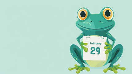 Leap day, 29 February 2024 illustration with Green Frog, calendar with date 29 February. Leap year, one extra day, Happy Leap Day greeting card.