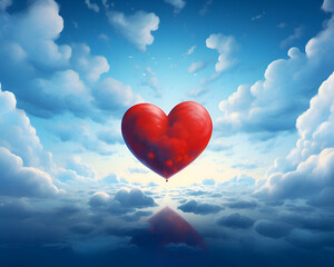 Fototapeta premium Red heart balloon floating in the blue sky with clouds. 3d rendering