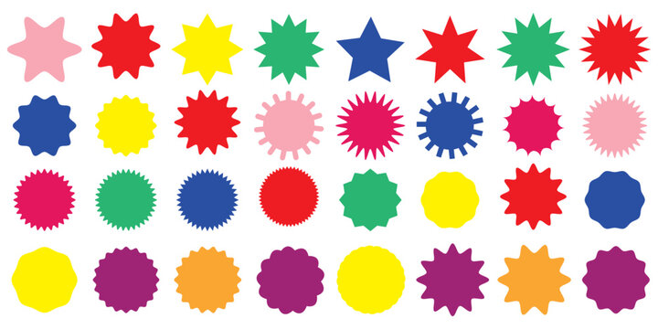 Colored star burst sticker. Vector stars and sparkle silhouettes design elements. Price tags explosion silhouettes, starburst retro sale badge, sun ray frames. Promotional badge set